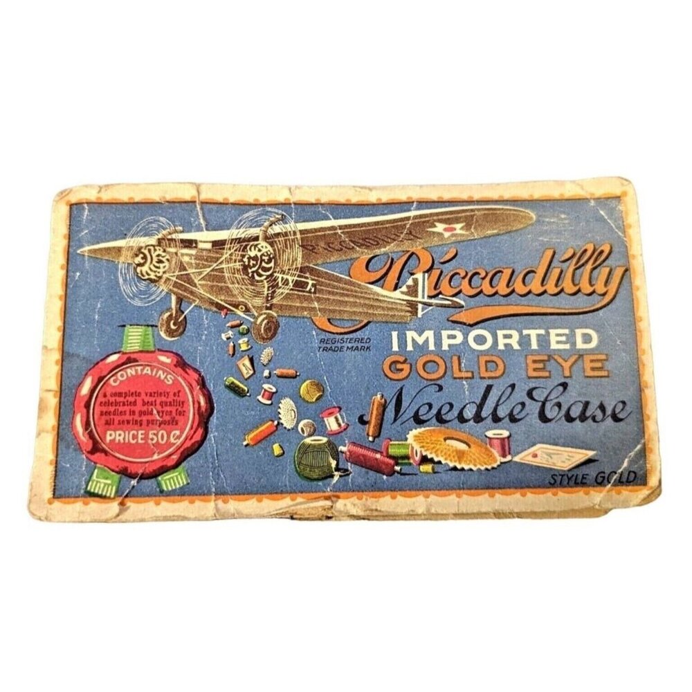Piccadilly Airplane Gold Eye Needle Case with Sewing Needles Vintage Ephemera